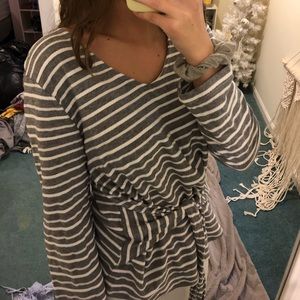 Grey and white tie waist long sleeve top